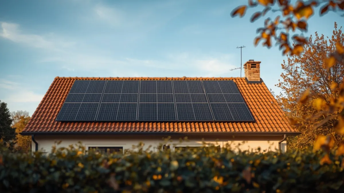 Panneaux photovoltaiques noirs sur la toiture en tuiles d'une maison individuelle, lumiere d'automne