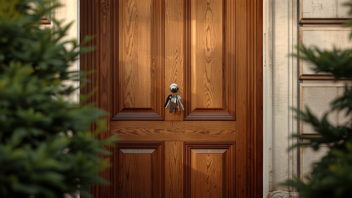 Porte d'entrée en bois d'une maison avec un trousseau de clés laissé sur la serrure