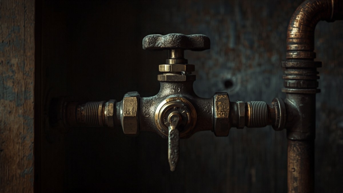 Robinet d’arrêt général en laiton sur une canalisation de cuivre dans un local technique