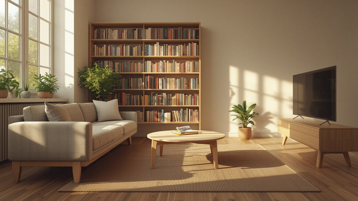 Salon d'appartement meublé avec canapé, bibliothèque remplie de livres et téléviseur, éclairé par la lumière du jour