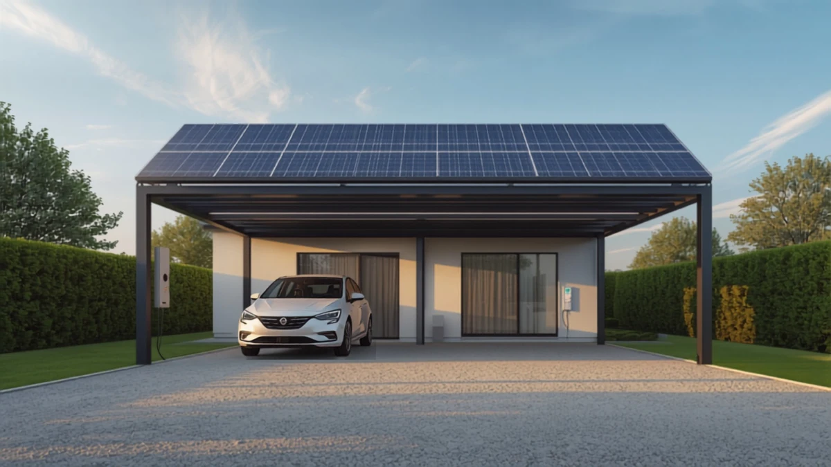 Carport solaire à structure aluminium anthracite couvert de panneaux photovoltaïques devant une maison individuelle