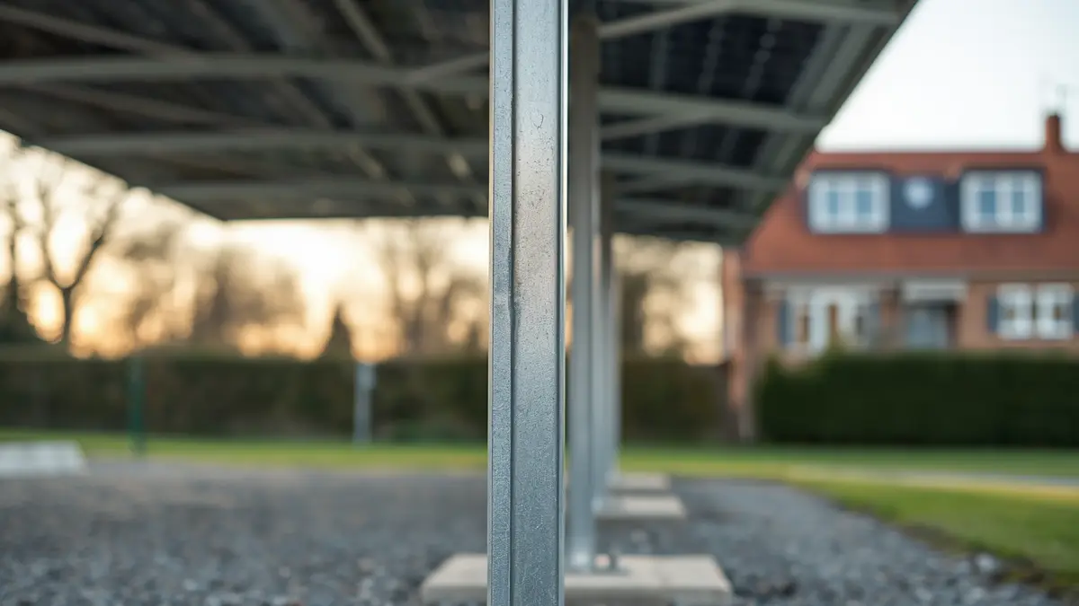 Pied de poteau galvanisé d'un carport solaire boulonné sur un plot béton, gravier au sol, panneaux photovoltaïques au-dessus et maison en arrière-plan