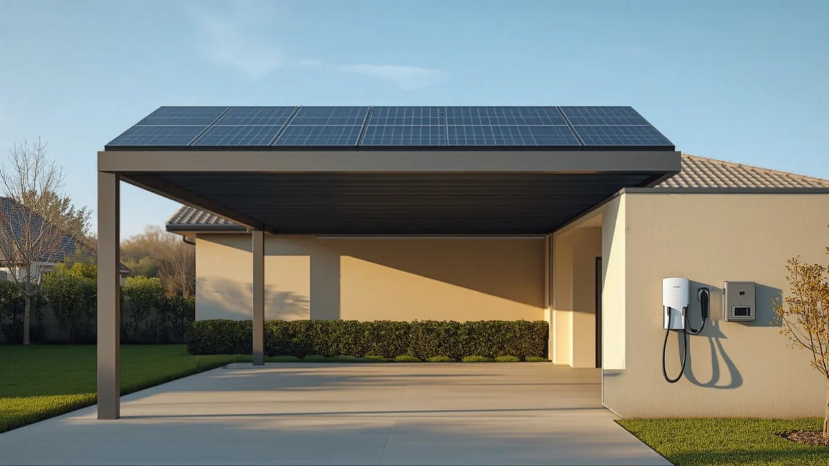 Carport solaire à toiture photovoltaïque avec une borne de recharge murale fixée sur la façade de la maison