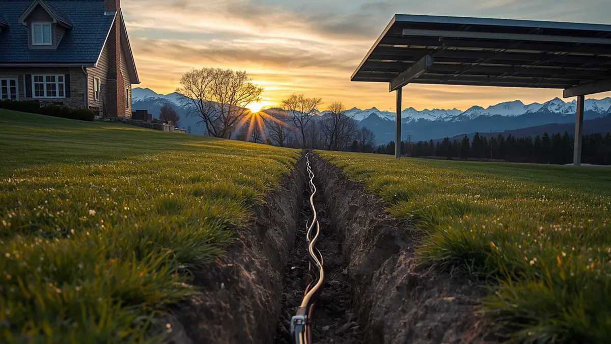 Tranchée ouverte dans une pelouse entre une maison et un carport solaire