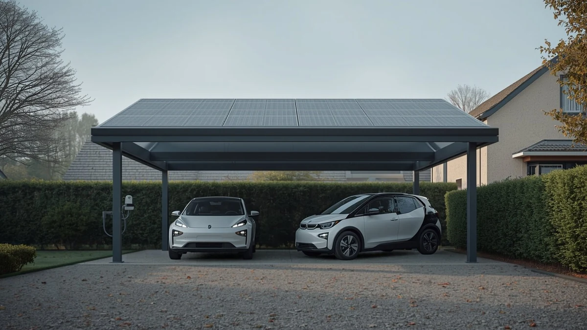 Carport solaire deux places avec borne de recharge murale et voitures électriques devant une maison individuelle