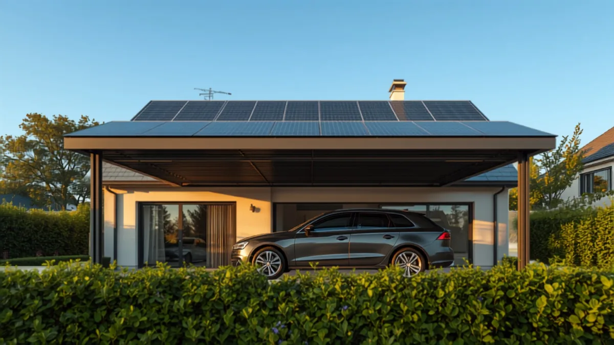 Carport solaire en aluminium équipé de panneaux photovoltaïques noirs abritant une voiture devant une maison individuelle