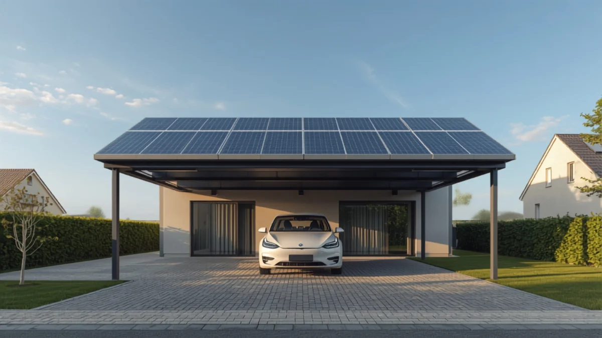 Carport solaire en aluminium anthracite couvert de panneaux photovoltaïques abritant une voiture électrique devant une maison individuelle