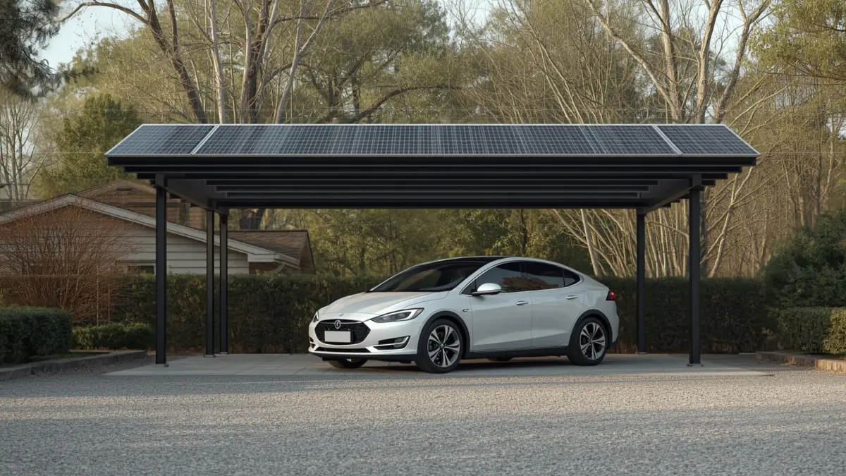 Carport solaire à structure noire couvert de panneaux photovoltaïques, berline électrique blanche garée dessous sur une allée en gravier