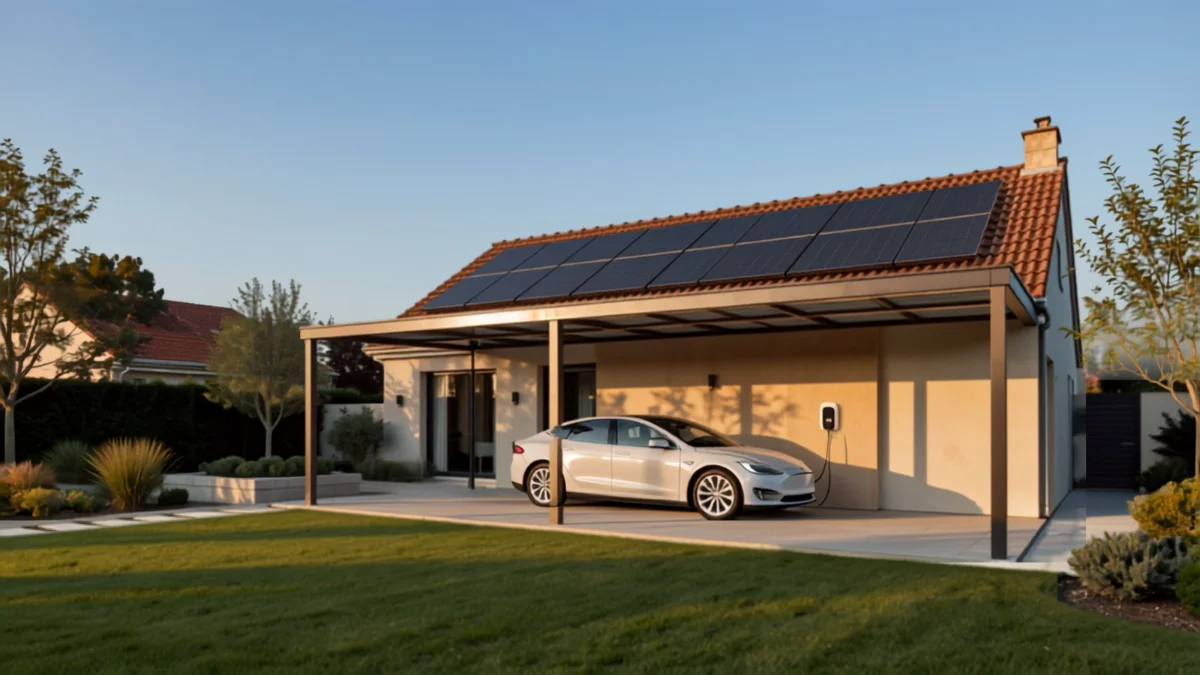 Maison avec panneaux solaires en toiture et carport abritant une voiture électrique en recharge, jardin ensoleillé