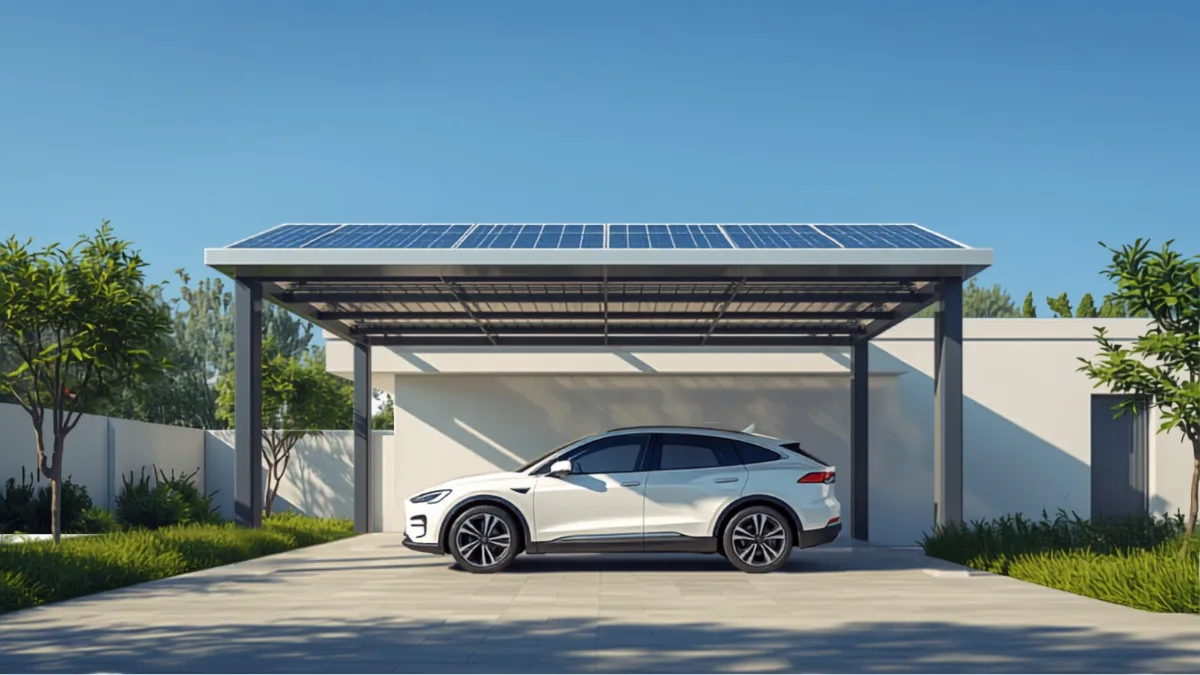 Carport solaire moderne avec panneaux photovoltaïques abritant une voiture électrique devant une maison