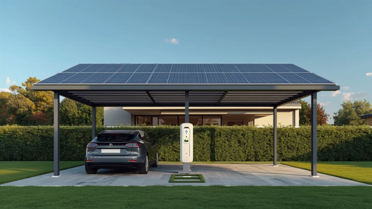 Carport solaire deux places en aluminium anthracite couvert de panneaux photovoltaïques, avec une voiture électrique en recharge devant une maison individuelle