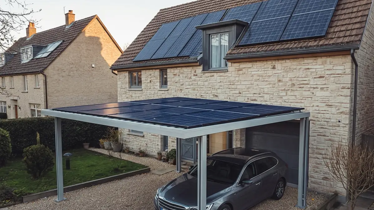 Carport solaire en aluminium couvert de panneaux photovoltaïques devant une maison individuelle, une voiture stationnée dessous