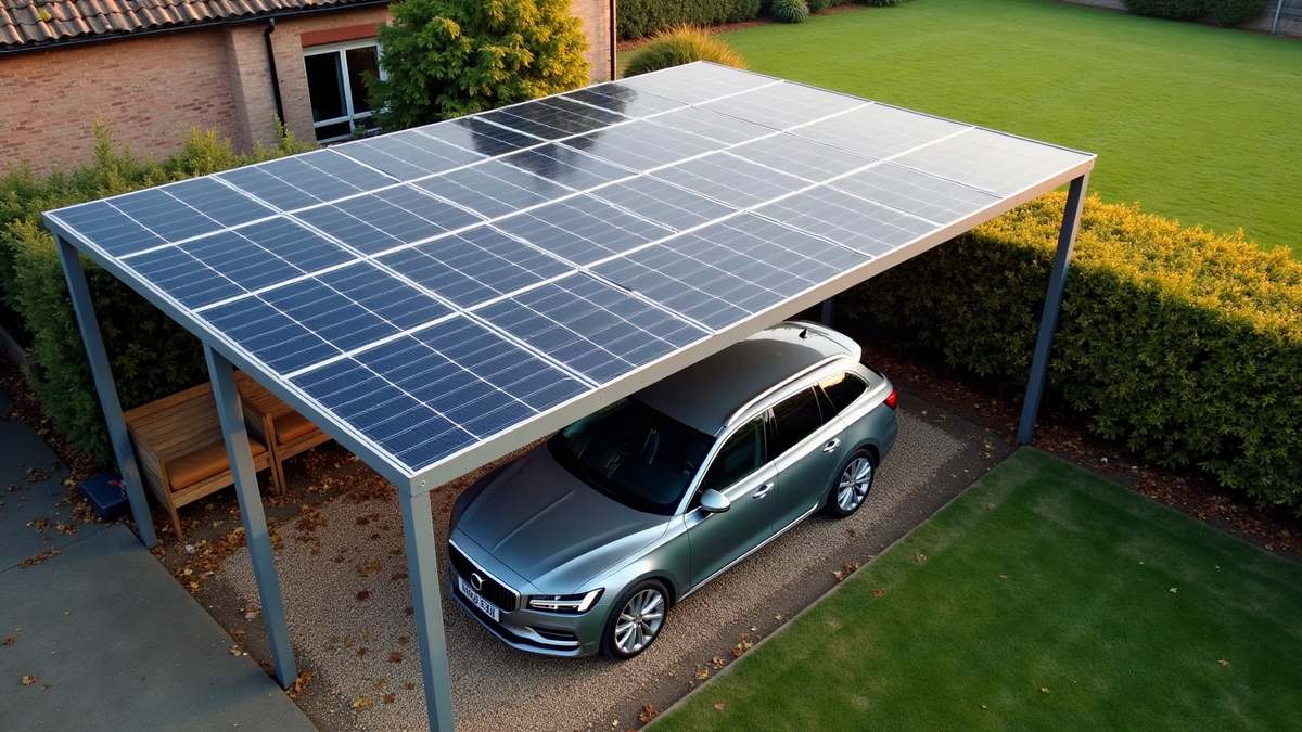 Carport solaire vu d'en haut, toiture couverte de panneaux photovoltaïques, voiture thermique grise garée dessous