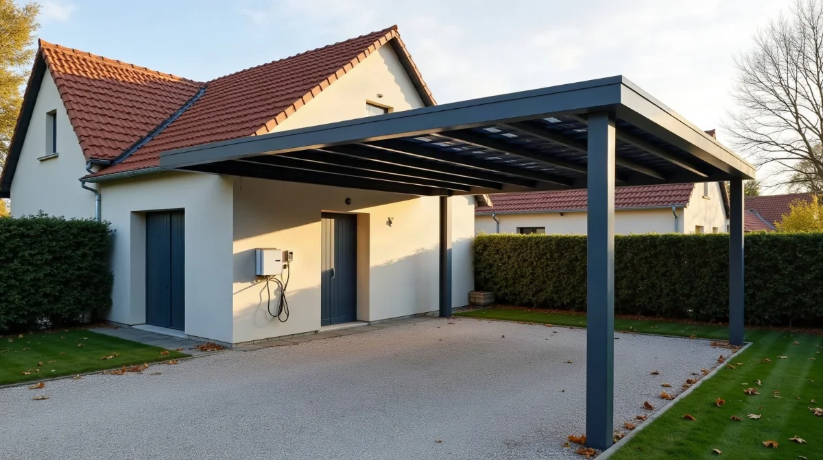 Carport solaire ouvert sur tous ses côtés, à toiture photovoltaïque, devant une maison individuelle