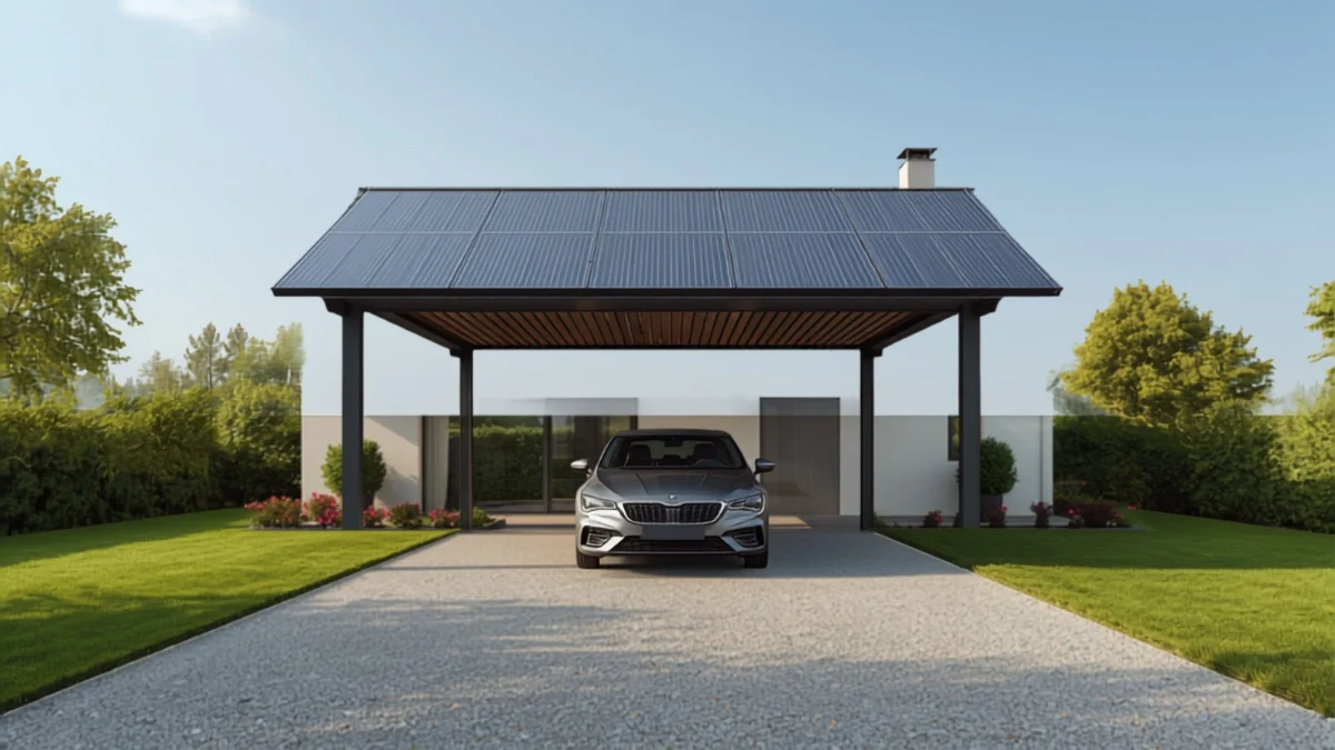 Carport solaire en aluminium anthracite couvert de panneaux photovoltaïques devant une maison individuelle, avec une voiture garée dessous