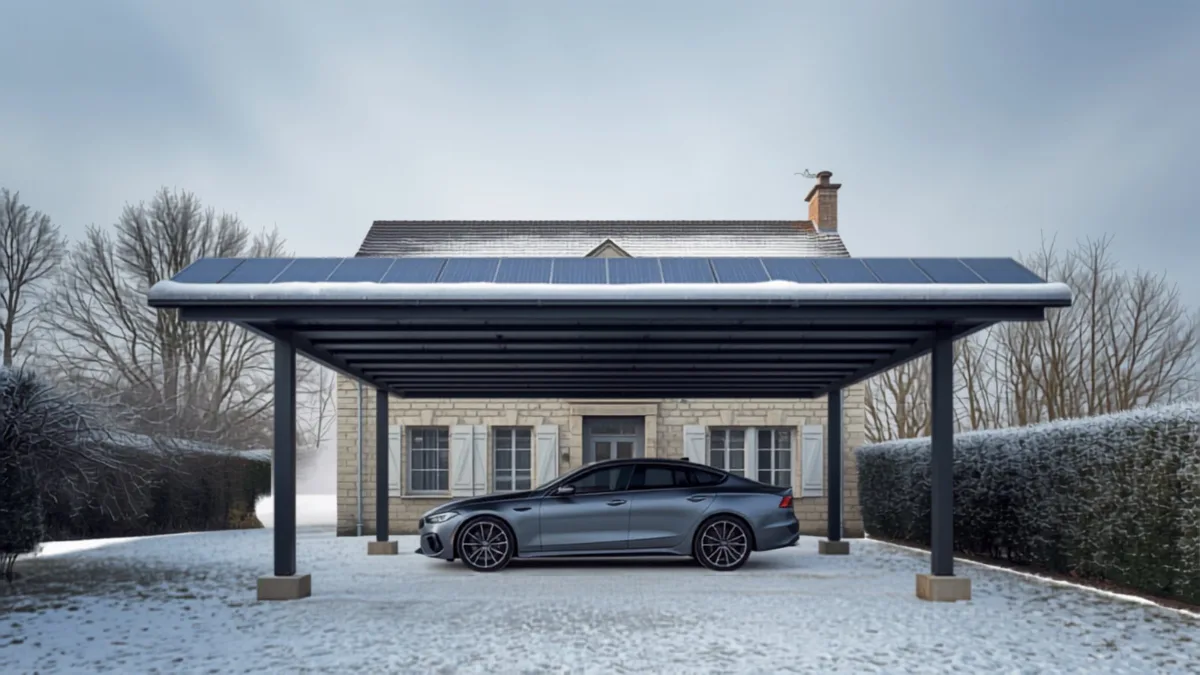 Carport solaire à structure métallique enneigé devant une maison, panneaux photovoltaïques couverts d'une fine couche de neige