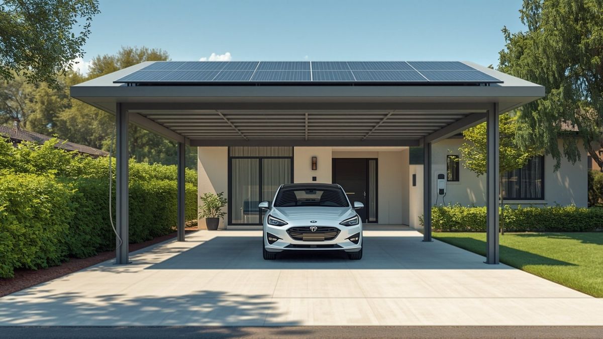 Carport solaire à panneaux photovoltaïques abritant une voiture électrique blanche branchée à une borne murale, en pleine journée