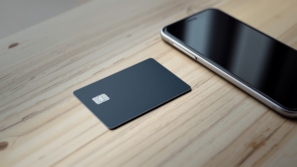 Carte bancaire posée sur une table en bois à côté d'un smartphone éteint