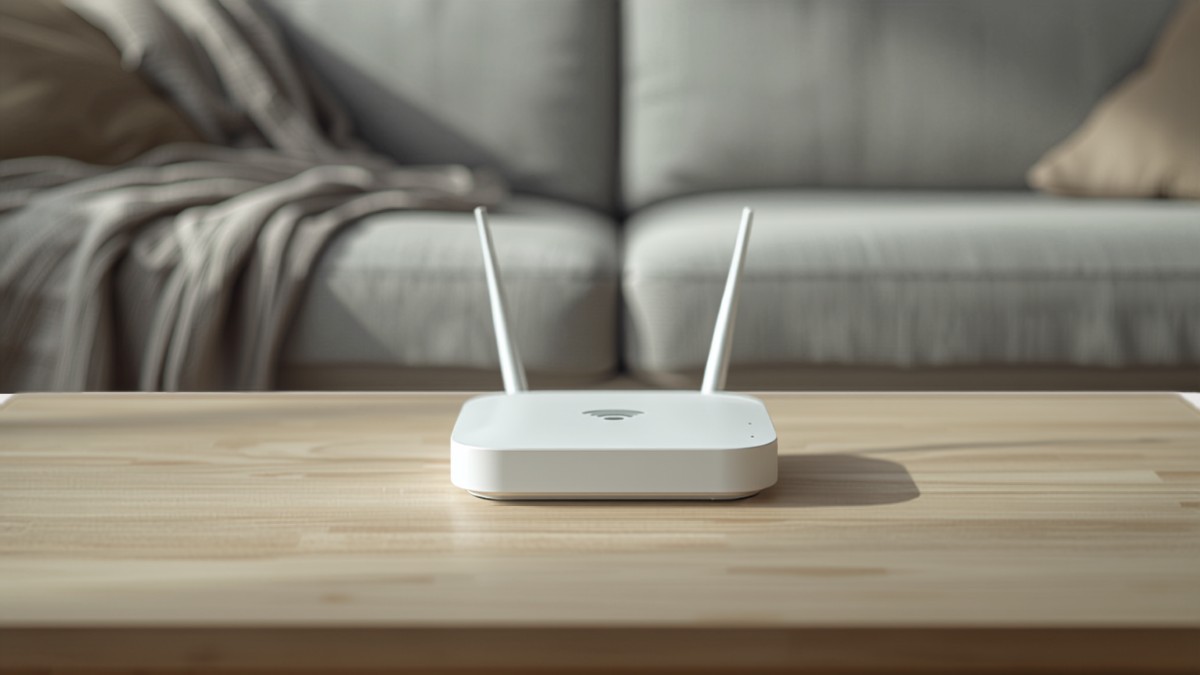 Box internet blanche posée sur une table basse en bois dans un salon lumineux avec canapé gris
