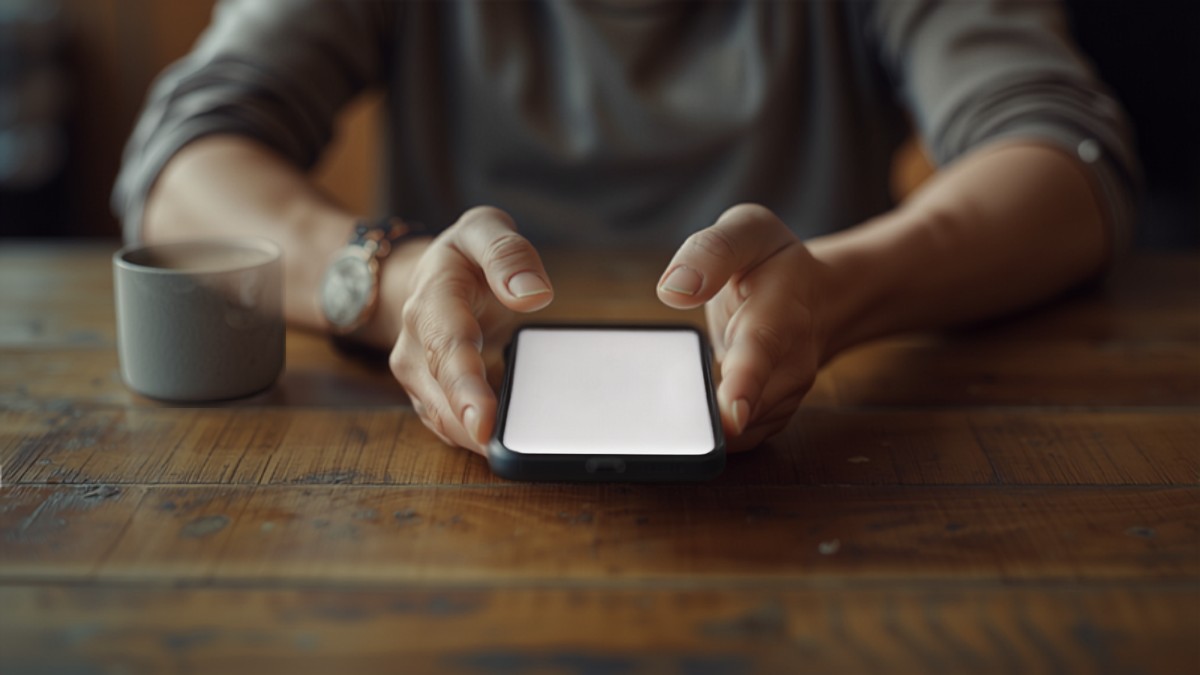 Personne assise à une table de café tenant un smartphone entre ses mains, illustration du changement d'opérateur mobile en 2026