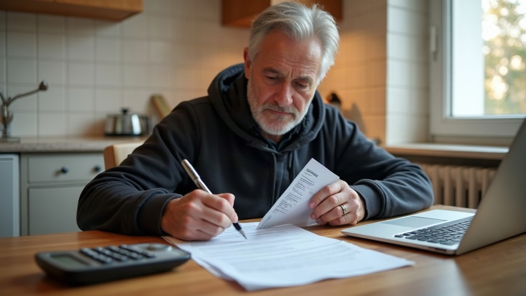 Un homme remplit un formulaire de demande de chèque énergie à la table de sa cuisine, sa facture et sa calculatrice posées à côté de lui