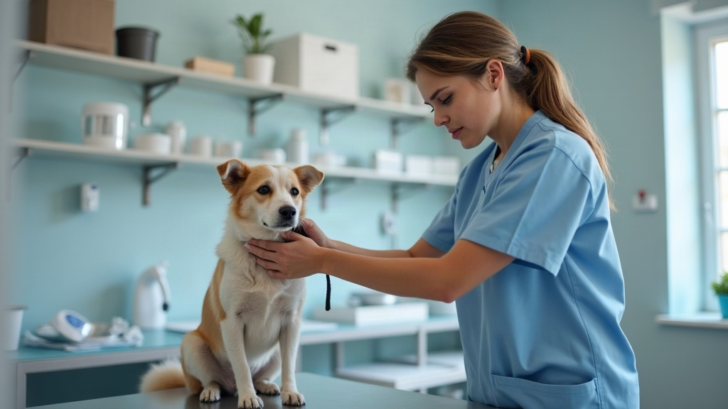 Vétérinaire examinant un chien sur la table de consultation, le maître tenant la laisse