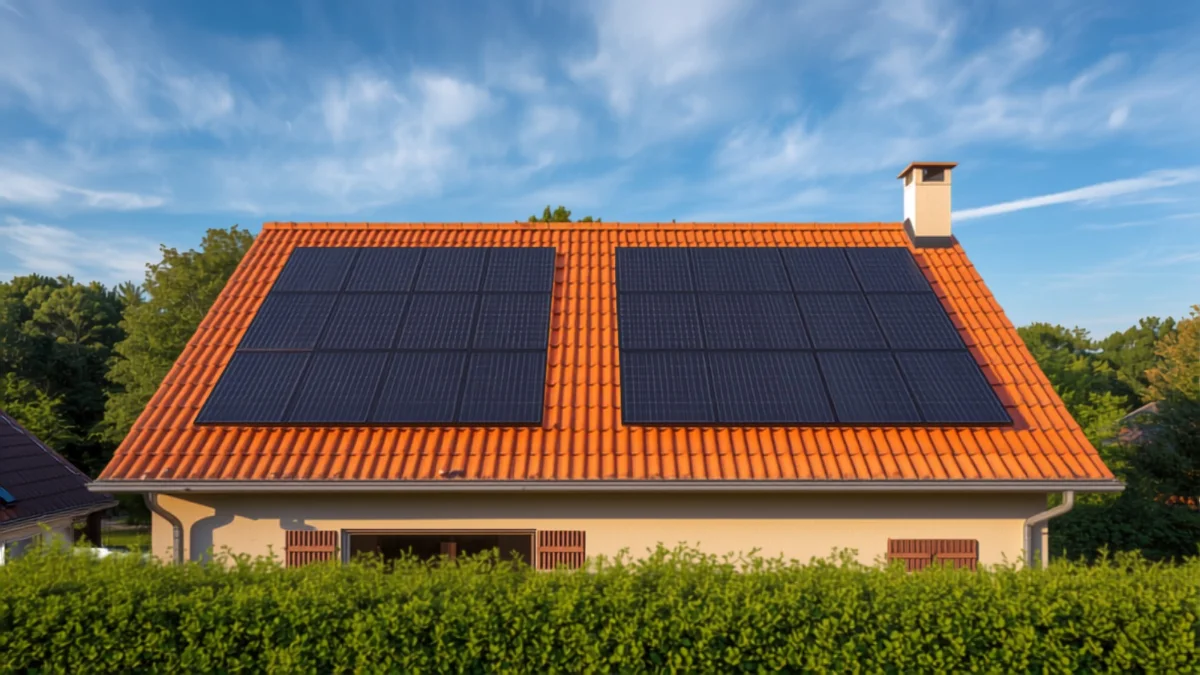 Toiture en tuiles d'une maison individuelle recouverte de panneaux photovoltaïques noirs sous un ciel d'été