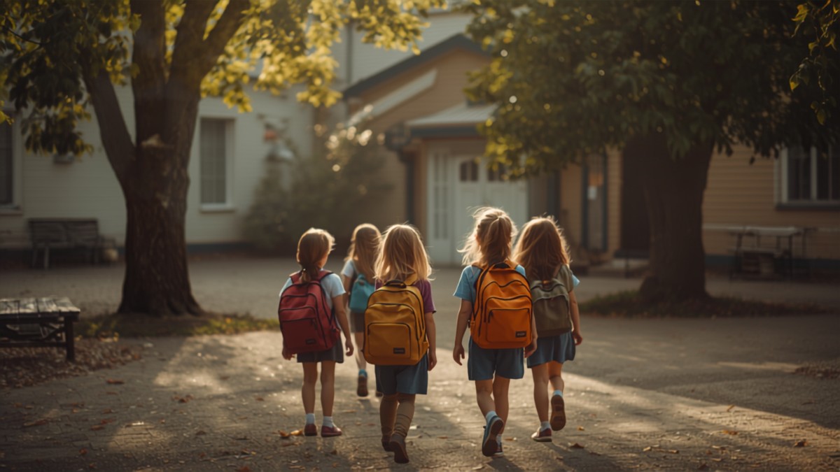 Enfant portant un cartable devant une école à la rentrée de septembre 2026