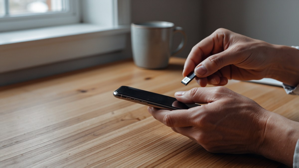 Personne insérant une carte SIM dans un smartphone posé sur un bureau en bois, près d'une fenêtre