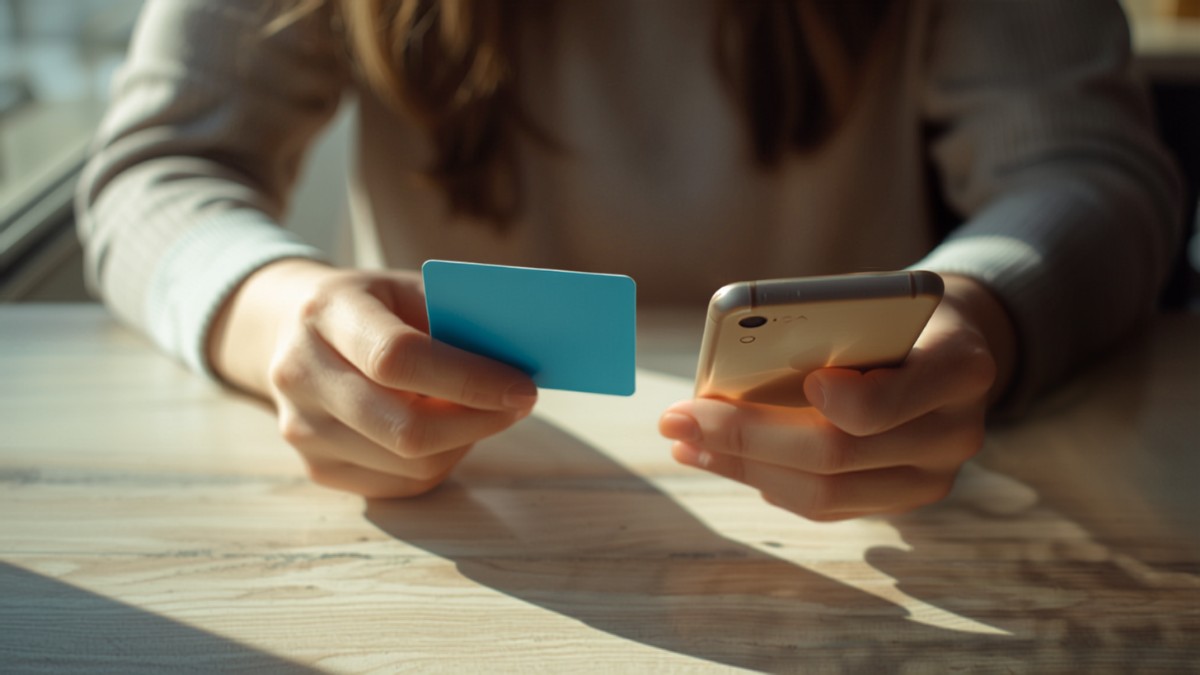 Jeune femme tenant une carte bancaire bleue et un smartphone, assise à une table en bois près d'une fenêtre