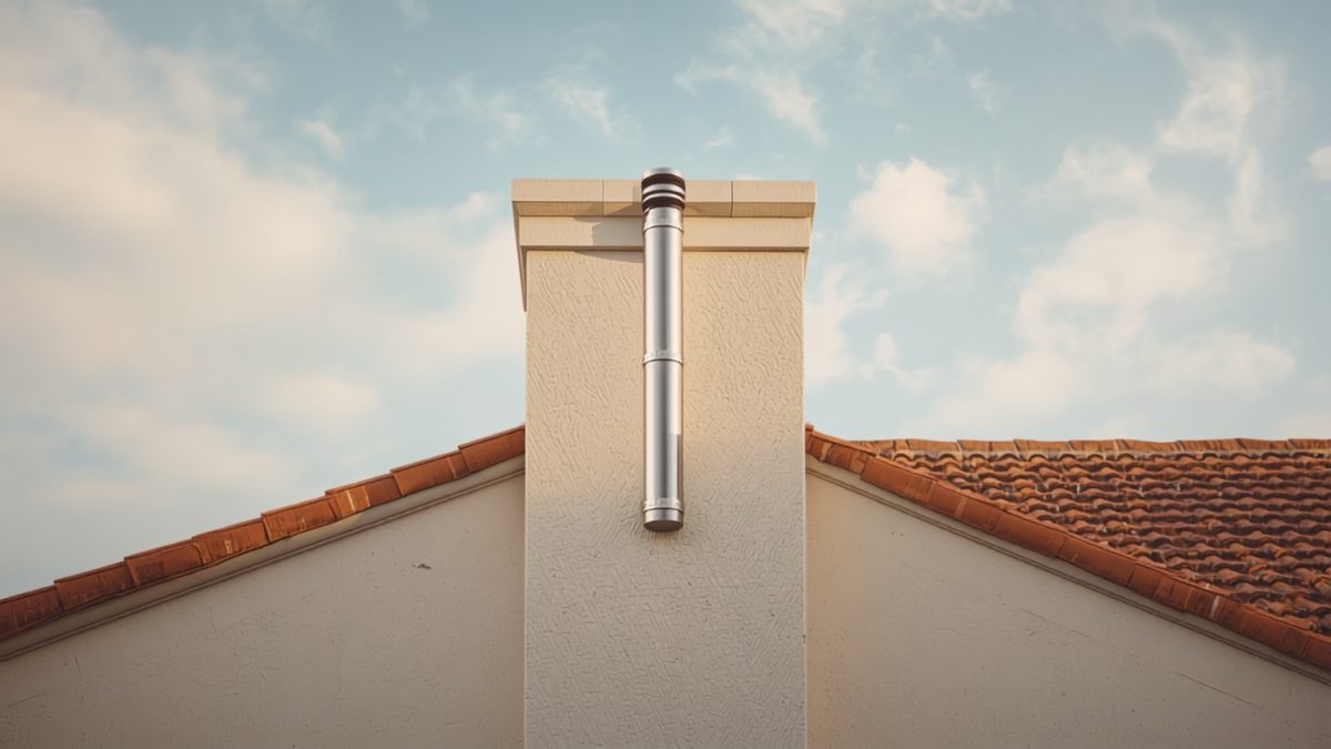 Conduit d'évacuation en inox longeant la façade d'une maison et dépassant au-dessus de la toiture en tuiles