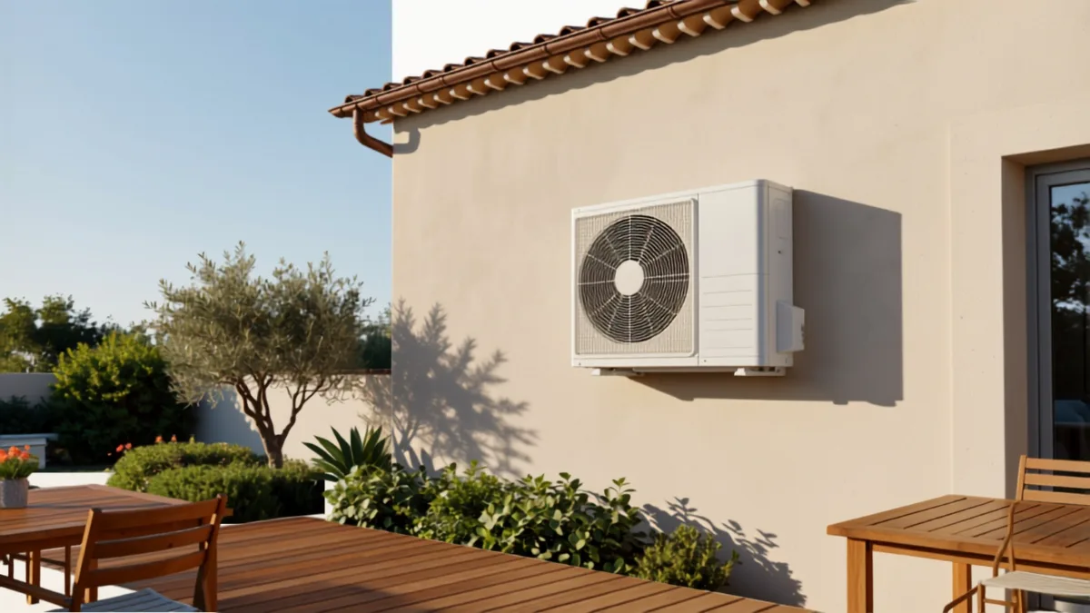 Unité extérieure d'une pompe à chaleur air-eau installée contre le mur d'une maison, terrasse et jardin sous un ciel d'été
