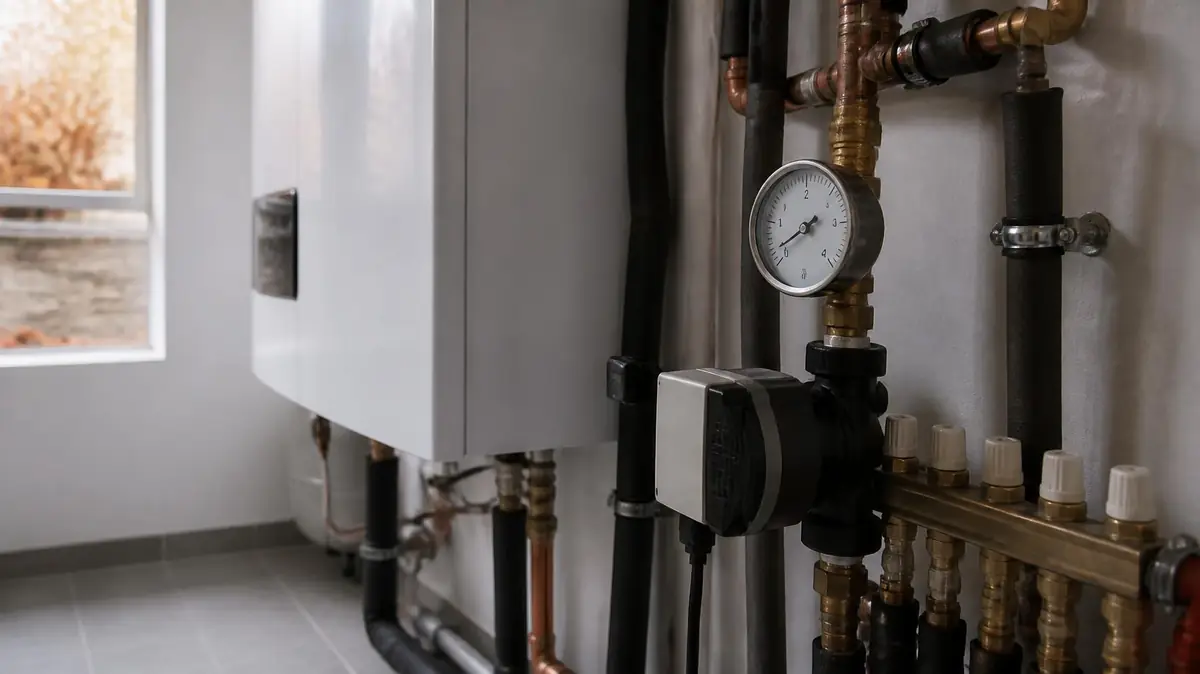 Module hydraulique intérieur d'une pompe à chaleur air-eau avec manomètre, circulateur et collecteur de chauffage dans une buanderie