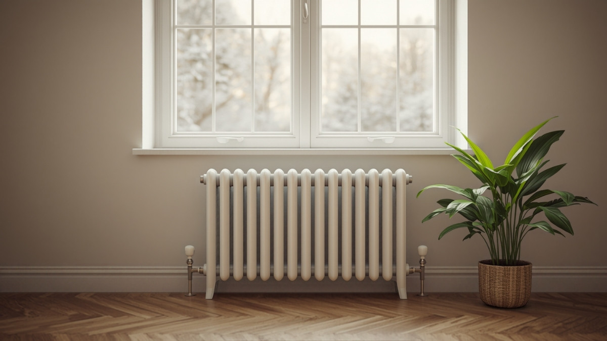 Radiateur de chauffage central sous une fenêtre dans un salon, en hiver