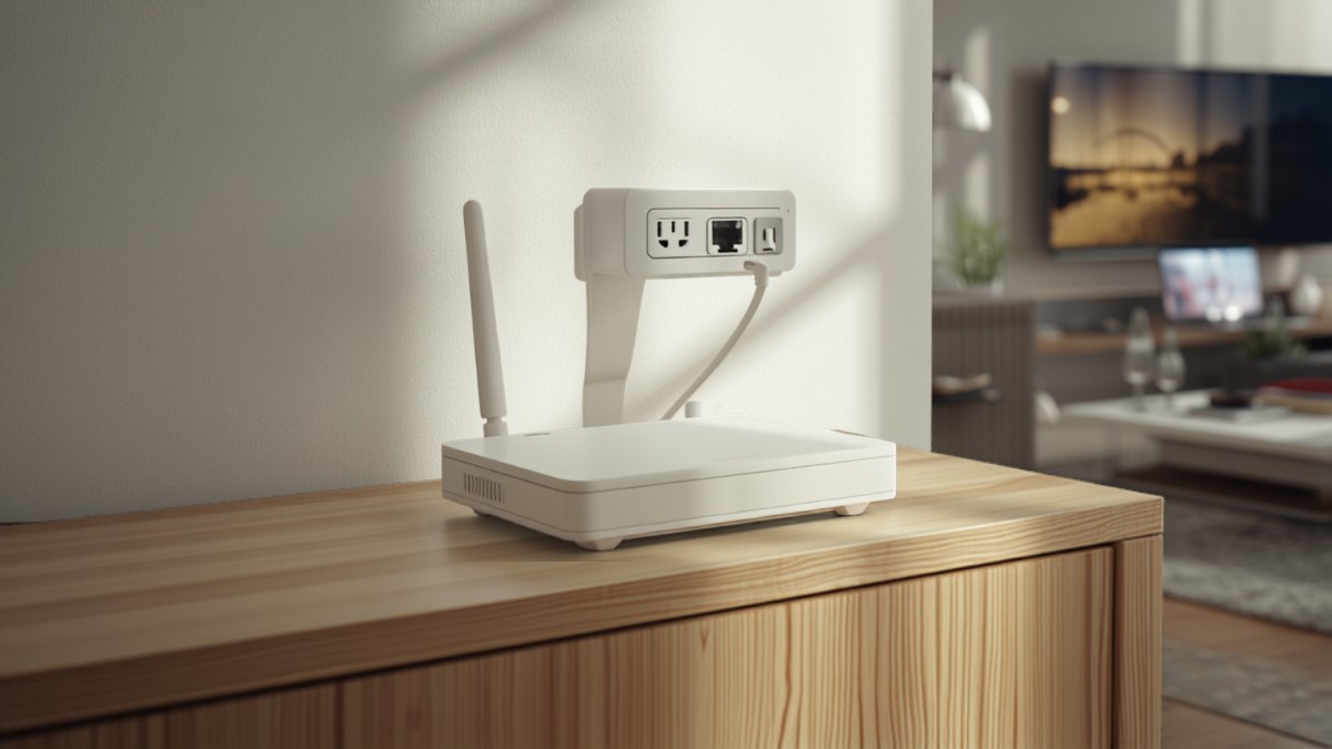Box internet blanche posée sur un meuble en bois clair, reliée à une prise murale, dans un salon lumineux avec téléviseur en arrière-plan