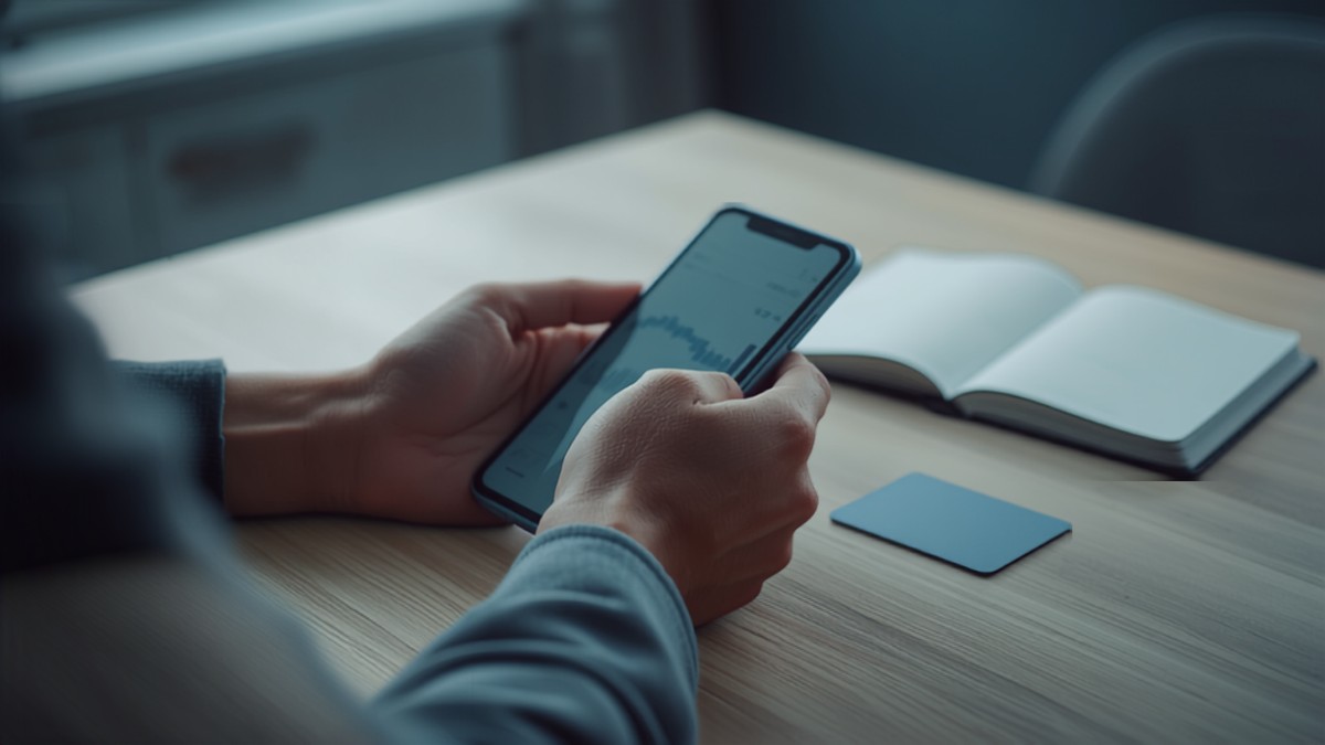 Personne consultant le solde de son compte sur l'application bancaire de son smartphone, carte bancaire posée sur la table