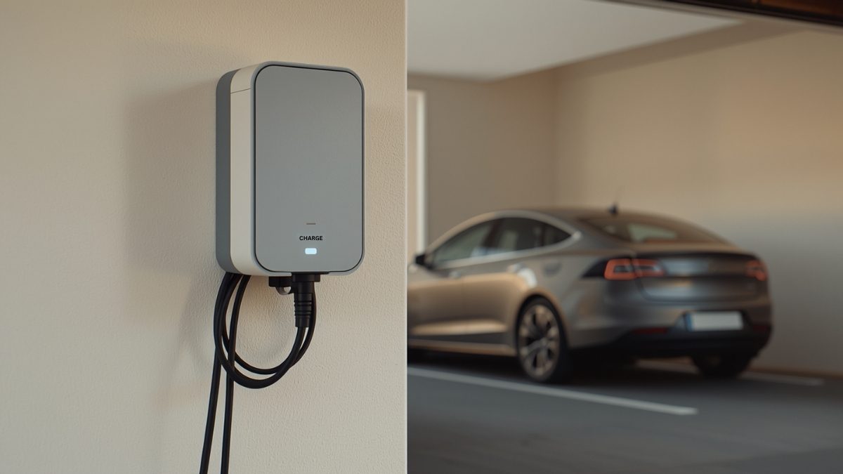 Borne de recharge murale blanche dans un garage residentiel, cable noir enroule sur son support, voiture electrique grise stationnee en arriere-plan