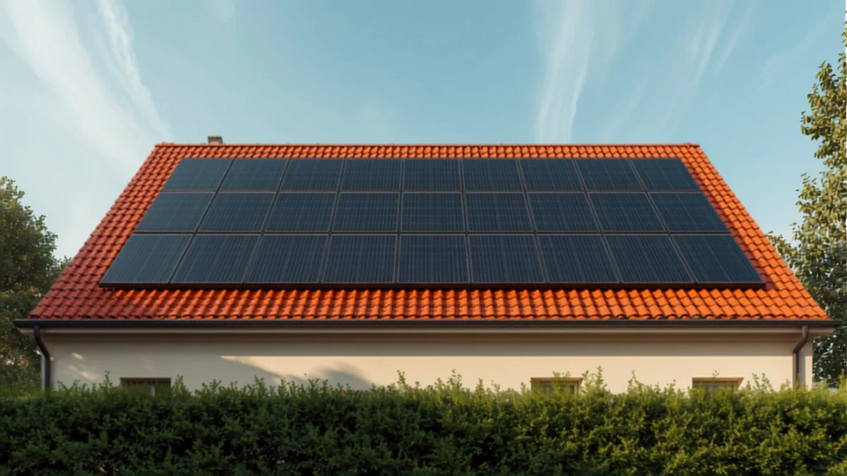 Panneaux solaires photovoltaïques posés sur la toiture en tuiles d'une maison individuelle sous un ciel dégagé