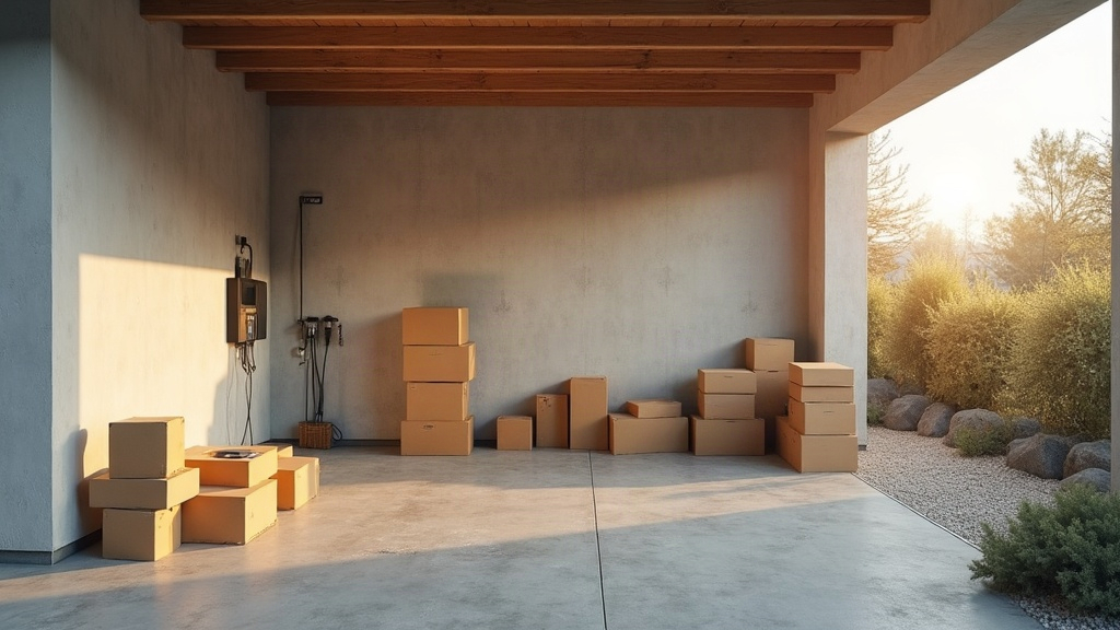 Borne de recharge murale dans le garage d une maison en cours de demenagement, cartons empiles au sol