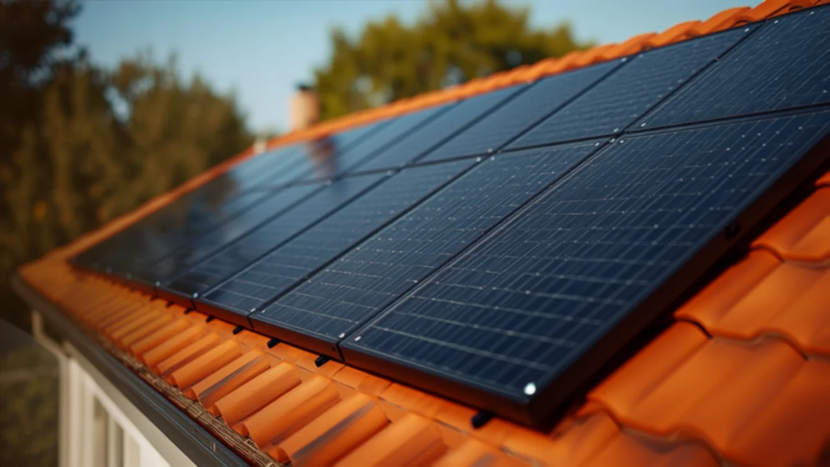 Panneaux solaires photovoltaïques noirs installés sur le toit en tuiles d'une maison individuelle
