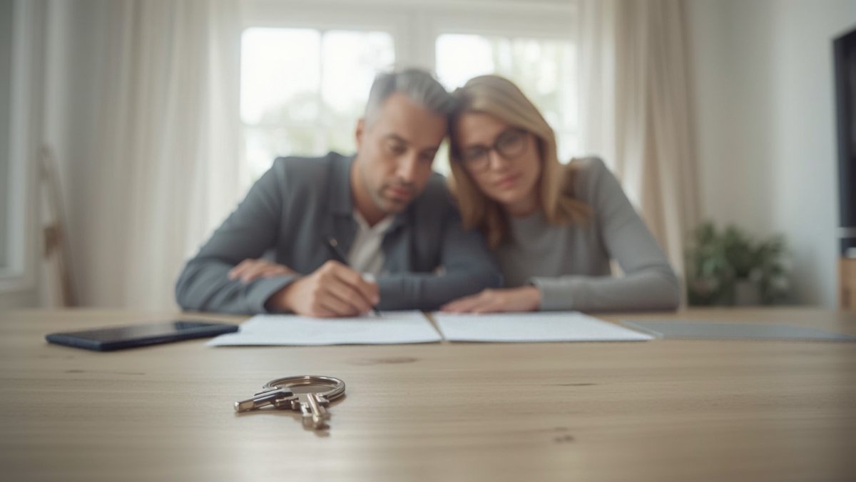 Couple signant les documents de son prêt immobilier, trousseau de clés posé sur la table