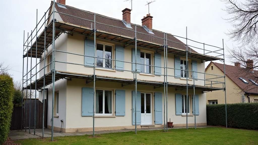 Façade de maison individuelle en cours d'isolation par l'extérieur, échafaudage le long du mur