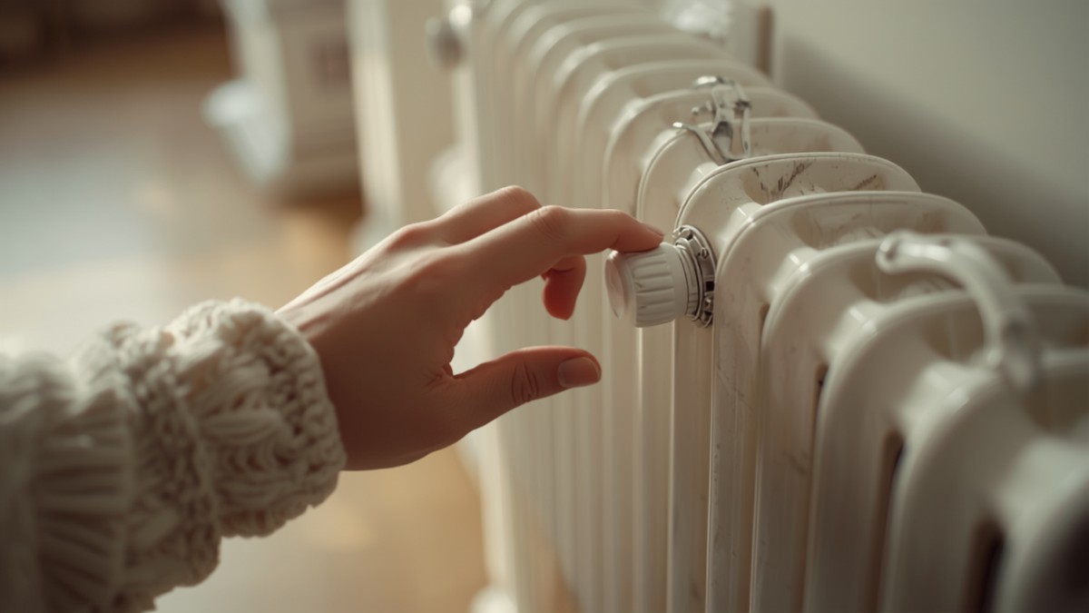 Main réglant le robinet thermostatique d'un radiateur blanc dans un salon, illustration du prix de l'énergie en 2026