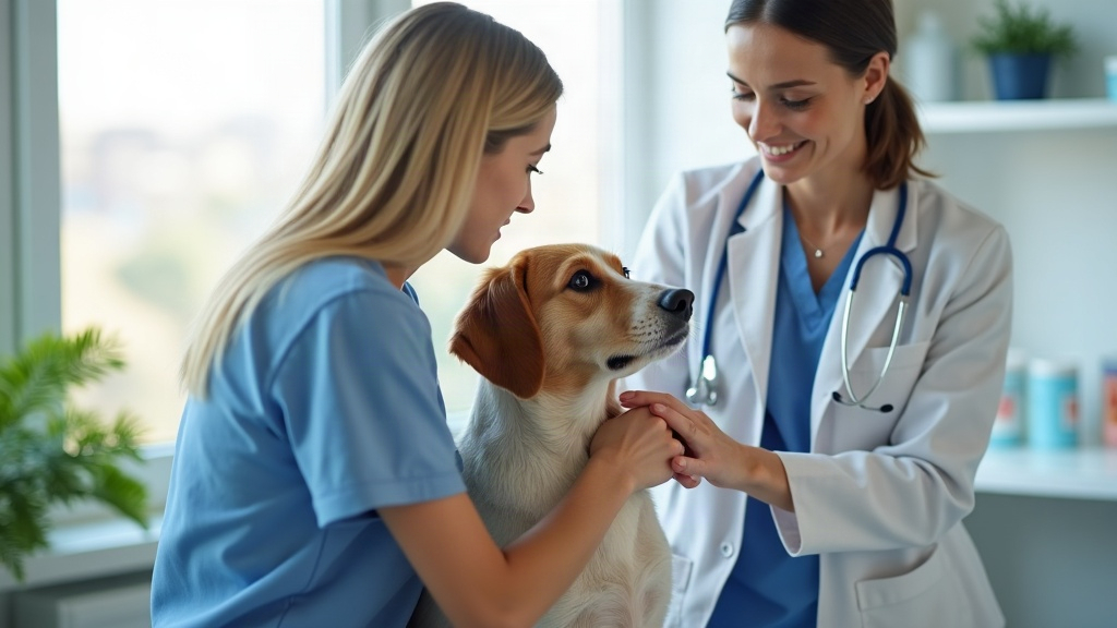 Chien examiné par une vétérinaire dans un cabinet vétérinaire clair