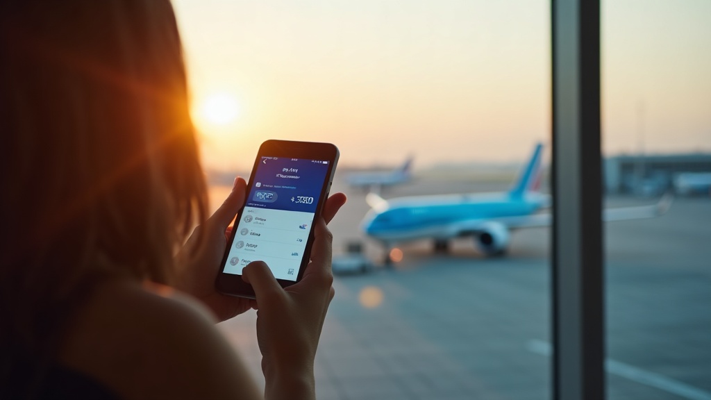 Mains d'un voyageur tenant une carte d'embarquement et un smartphone devant la baie vitrée d'un aéroport, avec un avion stationné au contact en fin de journée