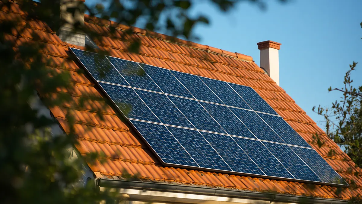 Toiture de maison individuelle équipée de panneaux photovoltaïques, vue rapprochée en fin de journée