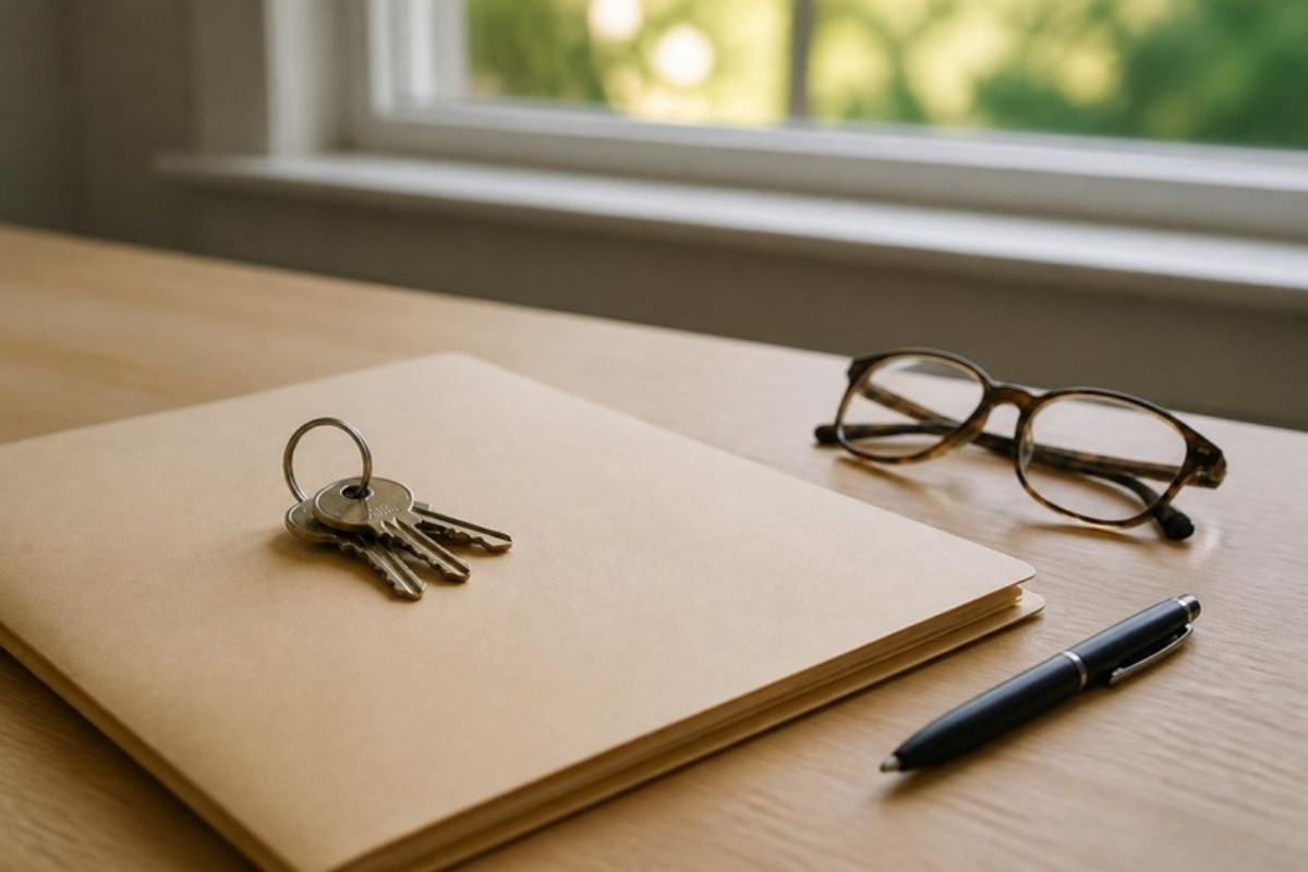 Clés de maison posées sur un dossier de prêt immobilier ouvert sur une table en bois