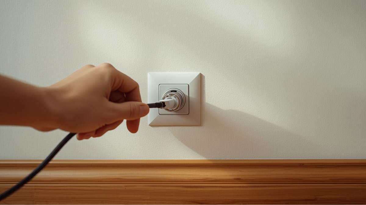 Main branchant un câble sur une prise murale ronde à vis de type coaxial, mur clair et plinthe en bois