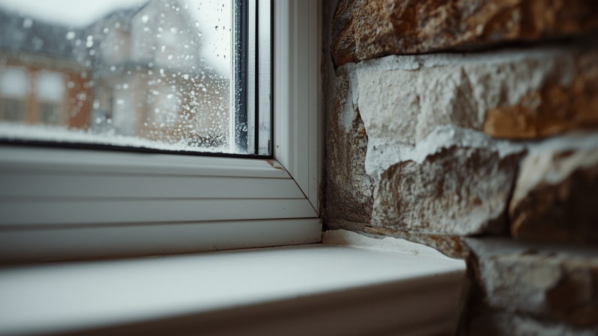 Joint de calfeutrement entre un dormant de fenêtre PVC neuf et la maçonnerie d'une maison en rénovation