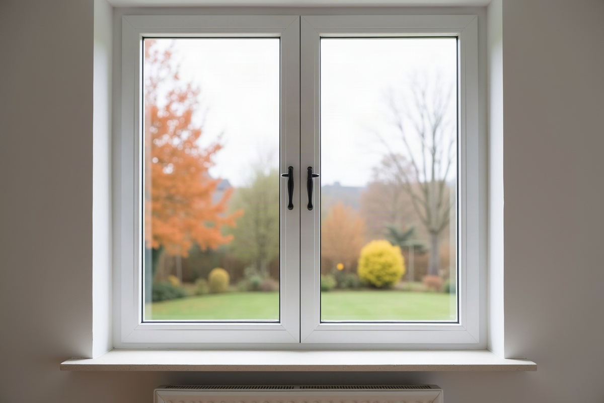 Fenêtre en PVC blanc à double vitrage vue de l'intérieur d'un séjour, jardin d'automne derrière les carreaux, radiateur blanc sous l'appui de fenêtre